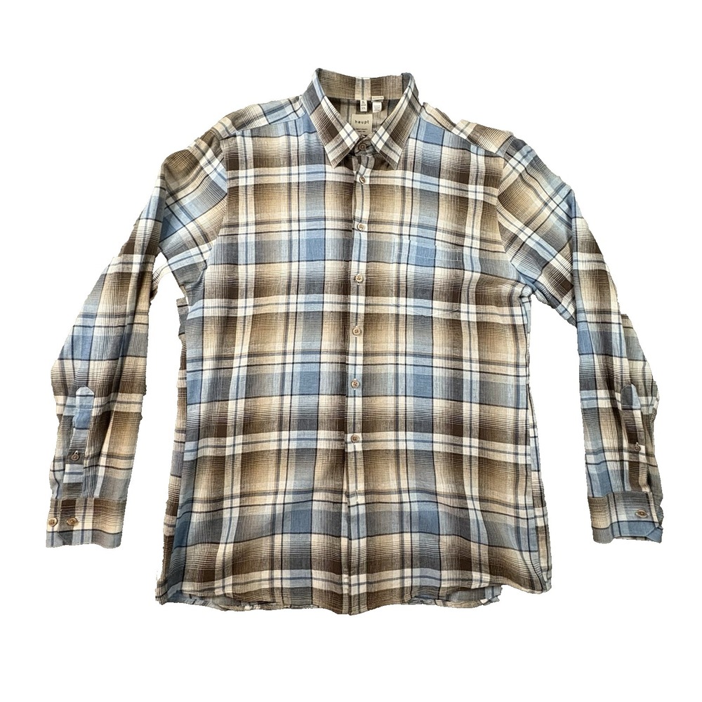 Haupt Germany Men's XL Blue Brown Plaid Modern Fit LS Button Up SEE DESCRIPTION